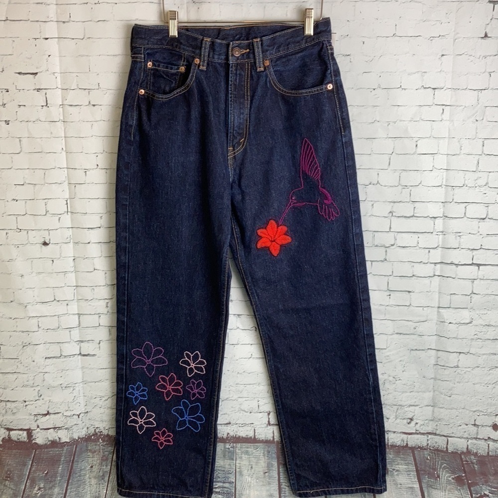 Levi’s 512 Dark Blue Jeans Embroidered Hummingbird Flowers 32x34 Hippie Baggy